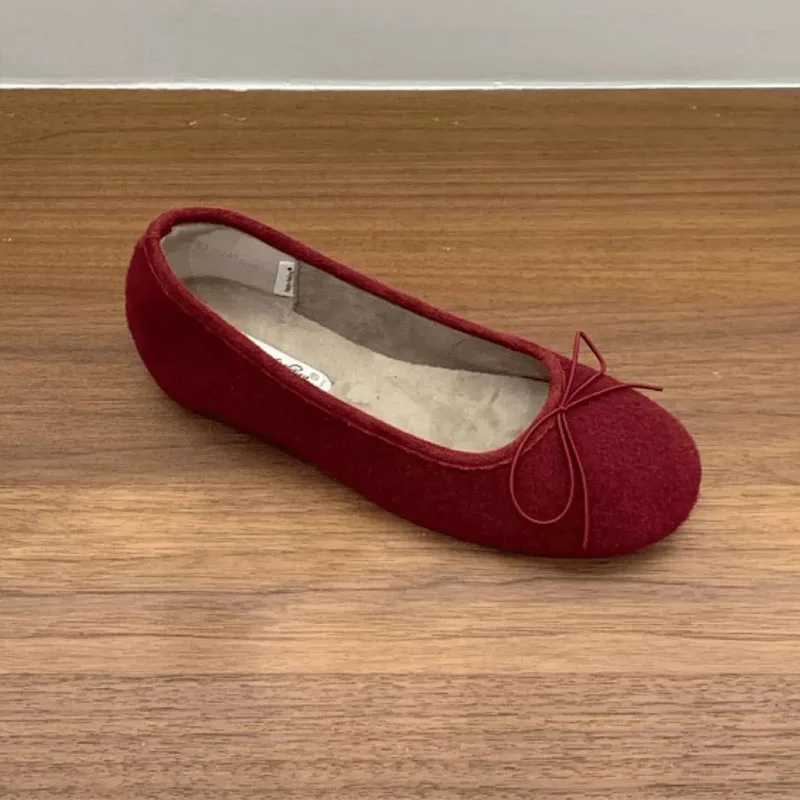 Neue Herbst-Winter-Mode: Pelz-Ballerinas für Damen, warme Slip-On-Schuhe mit runder Zehenpartie, flache Damenschuhe mit Schmetterlingsknoten und Plüschfutter. – Detail 6
