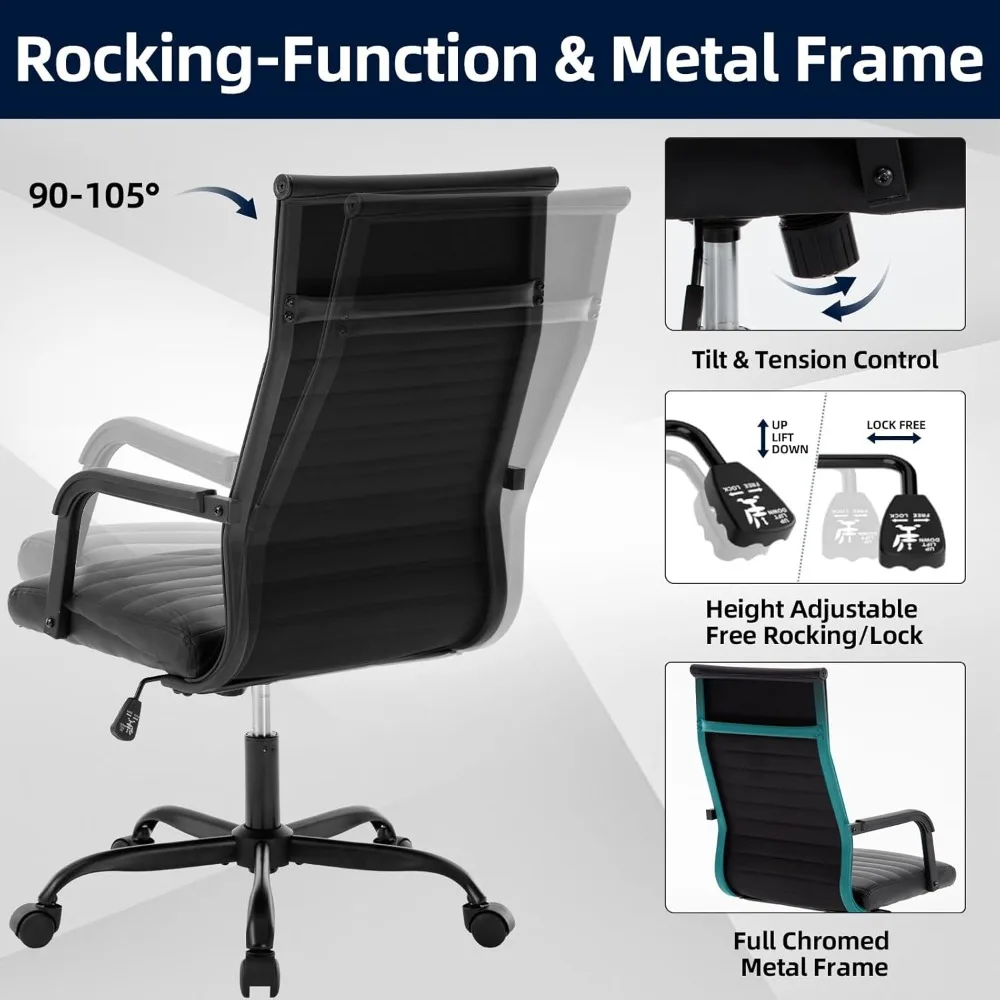 人間工学に基づいたエグゼクティブ会議室用チェア、リブ付きレザーデスクチェア（ランバーサポート付き）、高さ調節可能なミッドタイプ