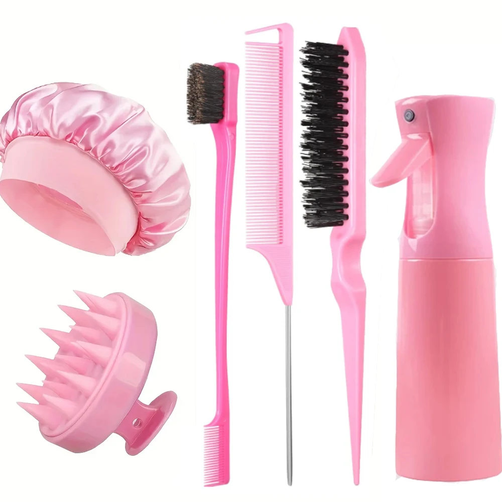 6 Pcs Styling Hair Comb Brush Set with adjustable silk bonnet Teasing Edge Brush Parting Rat Tail Comb Hairclip for Women