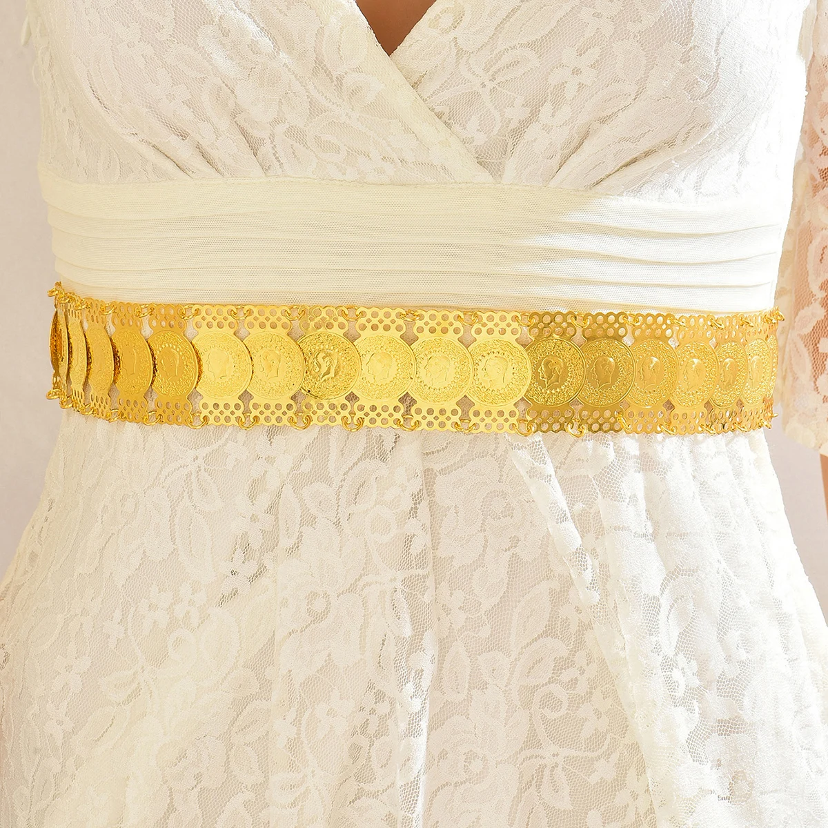 

Middle Eastern Bridal Adjustable Corset Belt, Light Luxury Gold-Plated Embossed Coin Double-Layer Hollow Daily Banquet Accessory