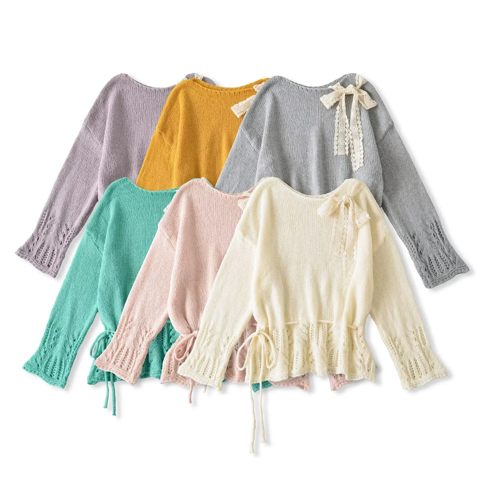 

Свободный вязаный топ с длинными рукавами, эластичный кружевной топ с завязками на талии, осенний новый стиль, женский модный повседневный топ с круглым вырезом