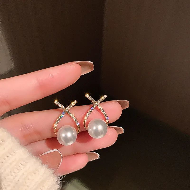 Elegant Simulated Pearl Earrings For Women Inlaid Rhinestone Stud Earrings Letter X Ear Stud 2023 Trendy Party Wedding Jewelry