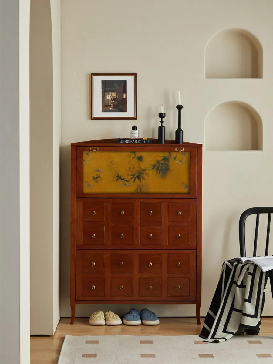HH Tipping bucket shoe cabinet Solid wood ultra-thin  medieval sliding door entrance cabinet  FT