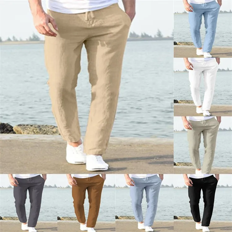 

Men's Linen Summer Casual Pants Drawstring Elastic Waist Solid Color Breathable Daily Pencil Pants Trousers