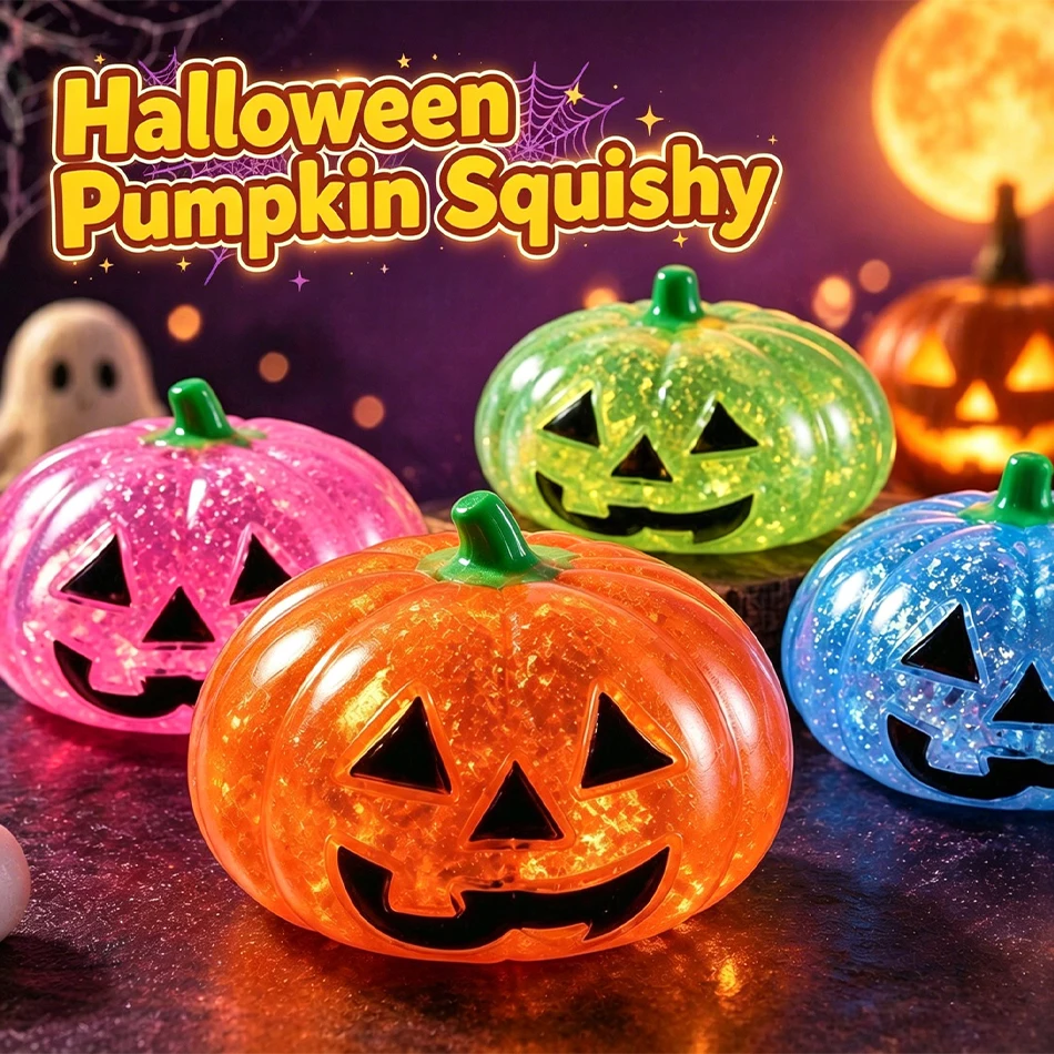 Cute Halloween Pumpkin Squishy Maltose Toy Soft Sequins Glitter Slow Rising Stress Relief Squeeze Ball Party Favors Novelty Gift
