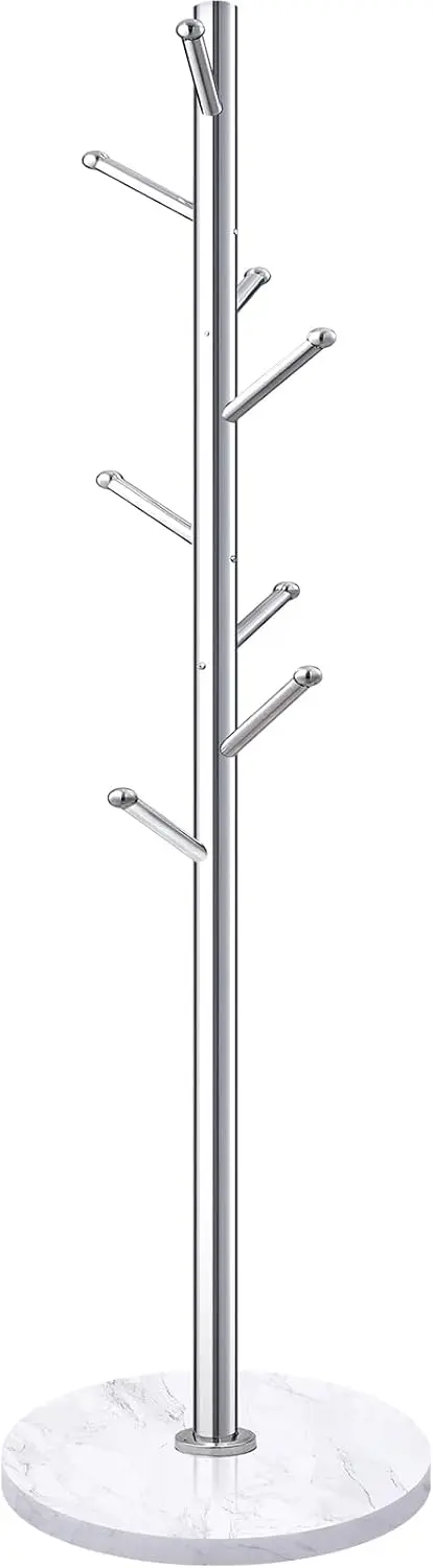 

Freestanding Metal Coat Rack with Marble Base, Stainless Steel Clothes Tree Hanger with 8 Hooks for Entryway Bedroom