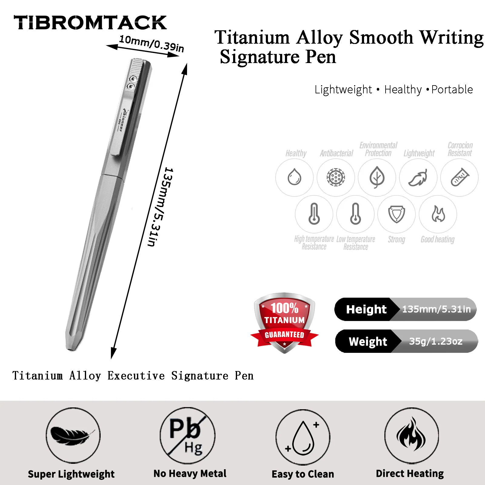 

Ручка TIBROMTACK с болтовым механизмом из чистого титана - 135 мм/5,31 дюйма, 35 г, EDC-ручка для снятия стресса | Прочная титановая ручка для письма