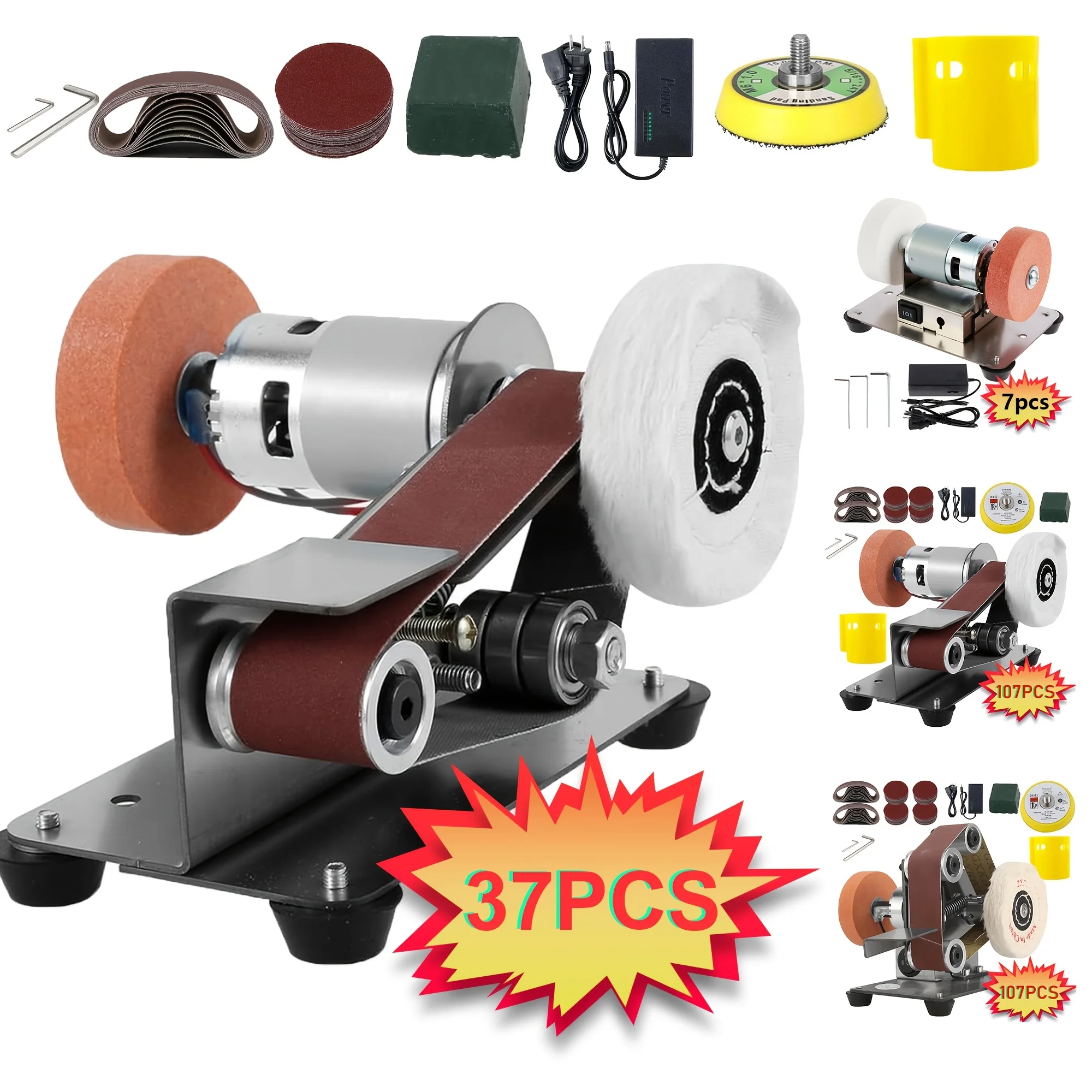 7/37/107pcs Suite 3-in-1 Mini Belt Sanding Machine -15 Degree Knife Sanding Machine, Electric Desktop Sanding Machine, 7 Adjustable Speed Slow Polishing Machines, Sanding Machine, Suitable for DIY Metal And Wood Handicrafts, Tools And Cutting Tools