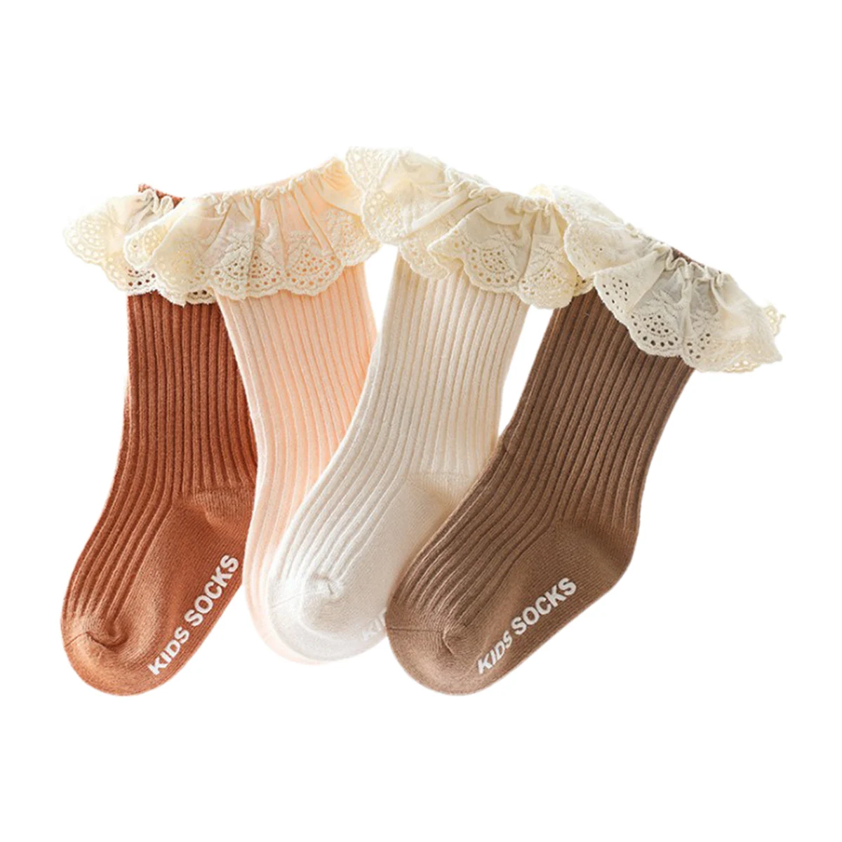 

Baby Girls Lace Princess Socks Ribbed Knit Solid Color Anti-slip Medium Tube Stockings Kids Turn Cuff Ruffle Floor Hosiery