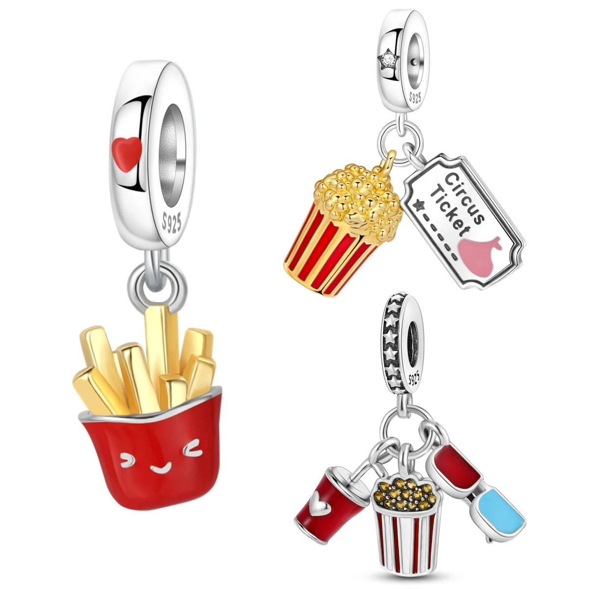 925 Sterling Silver Movie Ticket French Fries Popcorn Camera Charm Pendant DIY Bracelet Necklace Women Jewelry Gift Accessories