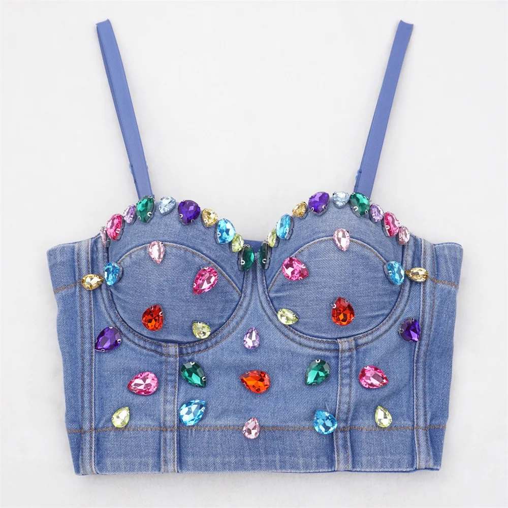 

Sexy Cowboy Fishbone Waist Corset Spicy Girl Beaded Rhinestone Embellished Wrap Corset Summer Camisole Bustier Top