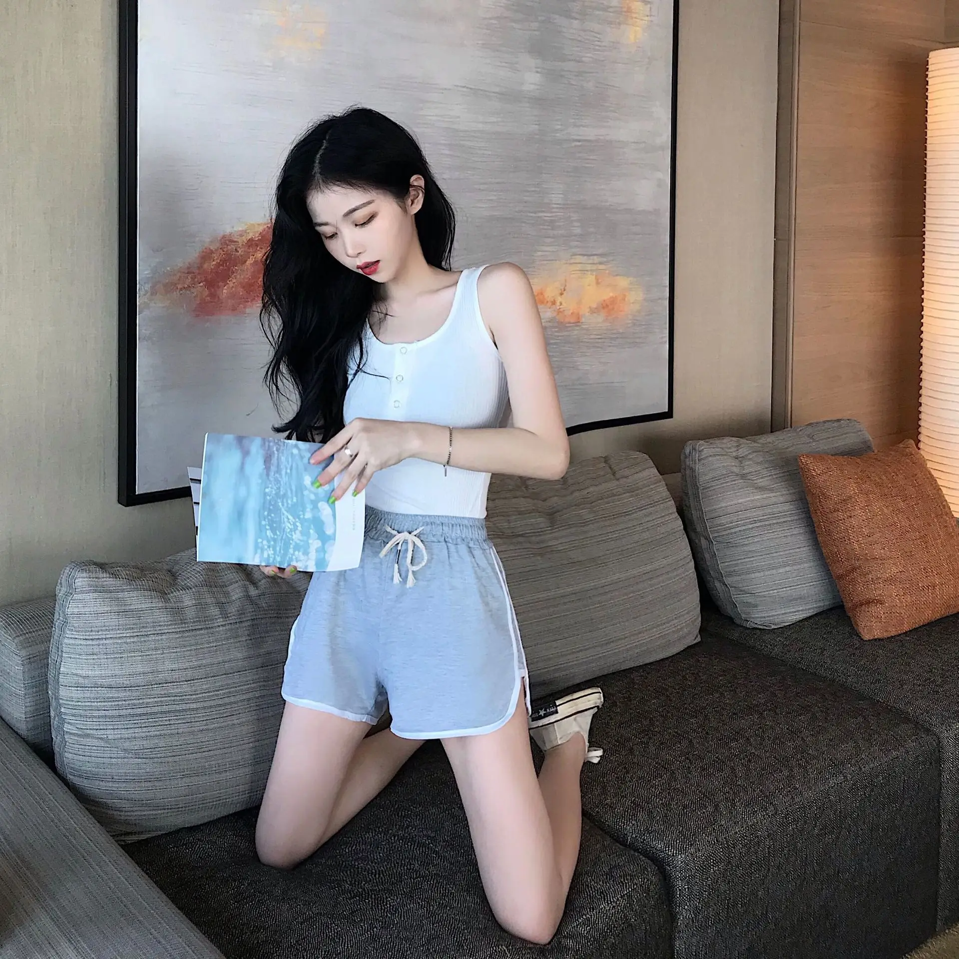 White Summer Thin Women Shorts High Waist Loose Slim Fit Three-piece Sports Wide-leg Casual Pants Polyester Fabric Simple Style