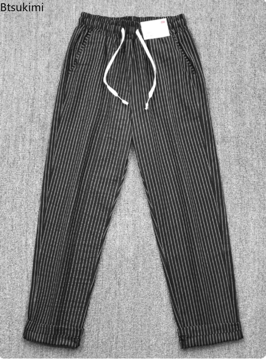Japanese Style Striped Trousers Washed Seersucker Texture Men's Loose Thin Breathable Trendy Casual Pants Elastic Long Trousers