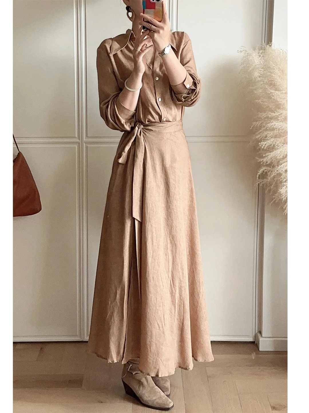 Women's Linen Shirt Skirt Set Casual Style Waist-Cinching Commute Friendly Early Autumn New Arrival Two-Piece Ensemble