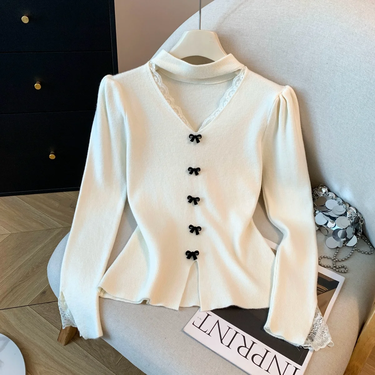 

Ele Lace Splicing Hollow out Knitted Sweater Ne Hanging Inner Wear Soft Nylon Winter 2025 Women's Faion Basic C...