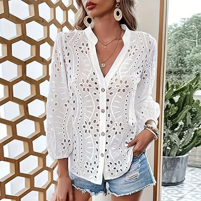 

Fashion White Black V-Neck Women Shirt Blouse Long Sleeve Hollow Out Shirt Blouse Women Tops Blusa Camisas De Mujer Blusas Q294