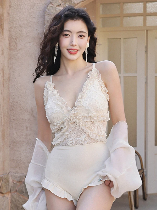 

Women's One-Piece Swimsuit Deep V Ne Long Sve Lace Sexy Summer Beachwear Casual Vaion Thermal Spa Suit Nylon Spandex