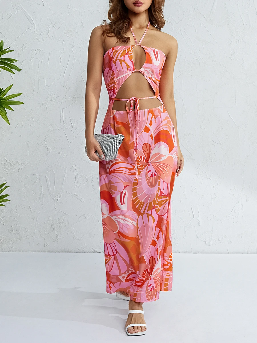 Women Lacing Halterneck Hollowed Sleeveless Backless Party Beach Slit Dress Summer Flower Print Long Dress Green/Orange/Rose Red