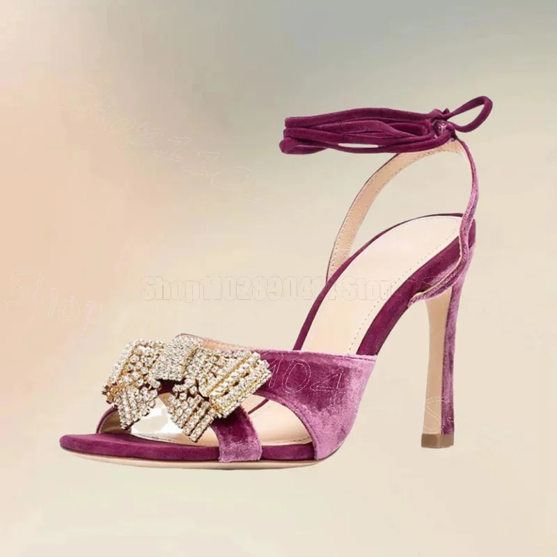 

Crystal Bow Knot Rose Red Corduroy Twine Sandals Lace Up Women Shoes Thin High Heels Open Toe Banquet 2025 Zapatos Para Mujere