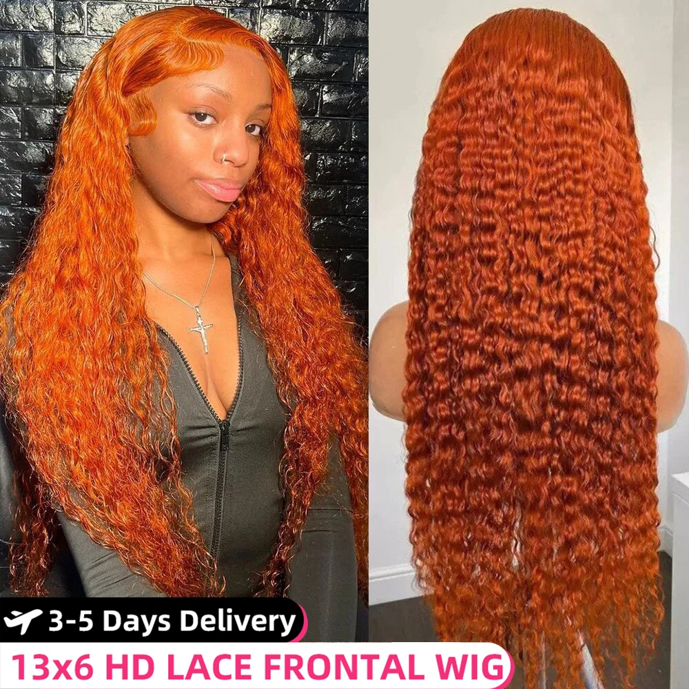 Ginger Orange 13x5 Lace Frontal Wigs Human Hair 350 Deep Wave Lace Wig 180% Water Wave Remy Brazilian Burnt Orange Wig For Women