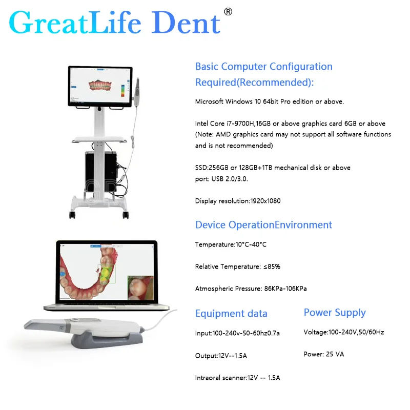 GreatLife Dent One Set 3D Scanner Smallest CAD CMD Oral Model Orthodontic Restoration Imaging Aoralscan with Scanning Software