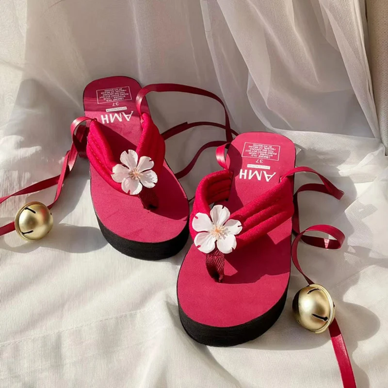 Sabots de Cosplay Japonais Rouges à Fleurs Douces pour Femme, Chaussures de Scène Personnalisées A