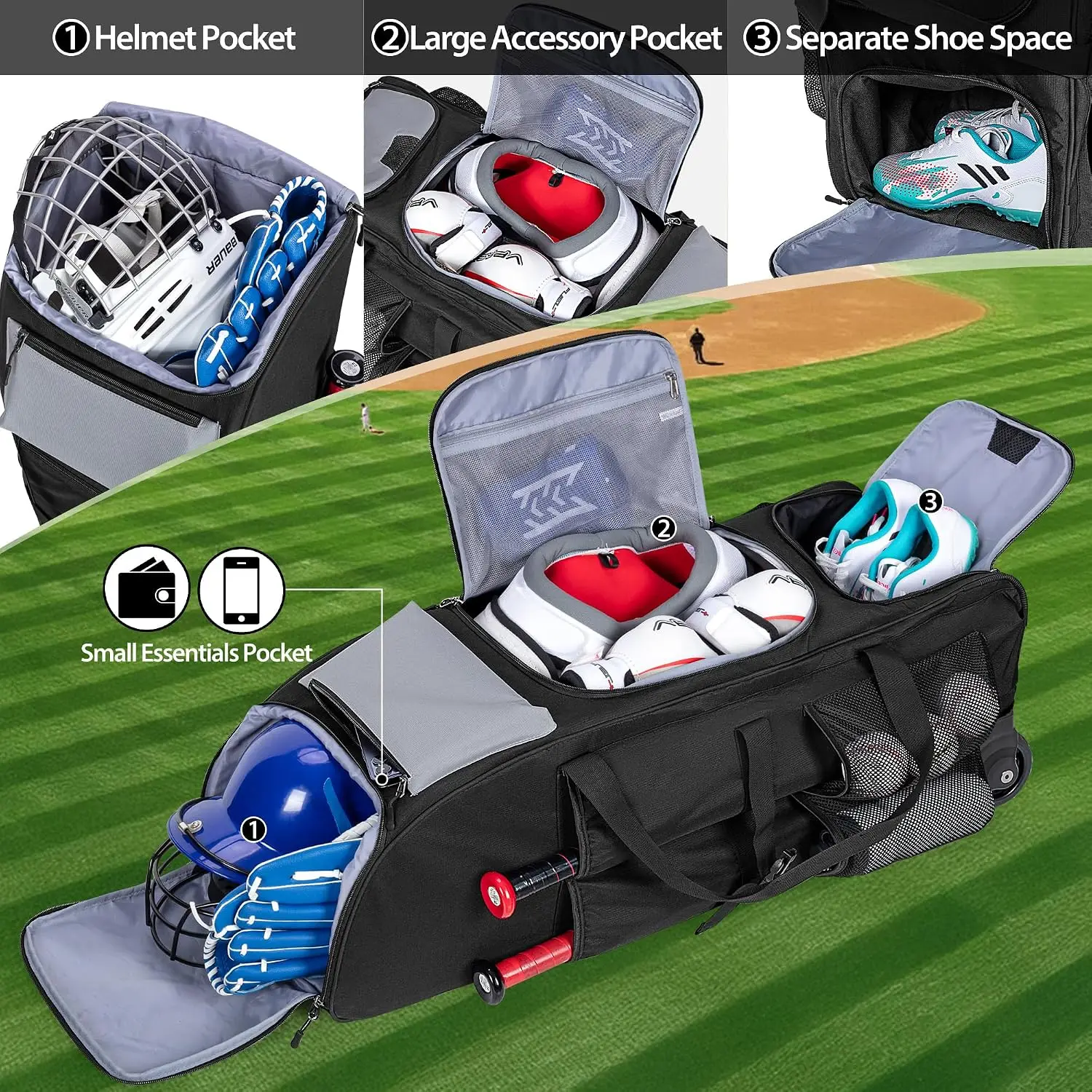 Rolling Baseball Bag Large Softball Catchers Gear Bag With Wheels Softball Equipment Bag Holds Four Bats Shoe Compartment Glove Pocket Baseball Catchers Bag With Hook view 3