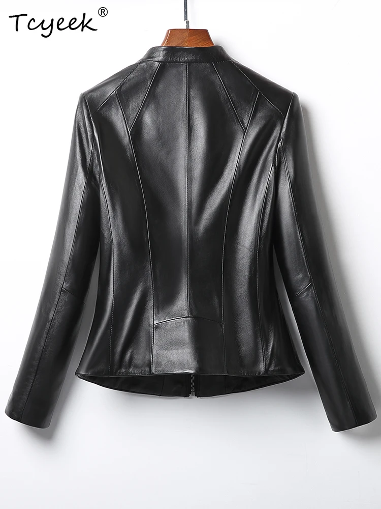 Tcyeek peau de mouton femmes veste en cuir printemps automne col montant à manches longues noir court moto veste Chaqueta Cuero