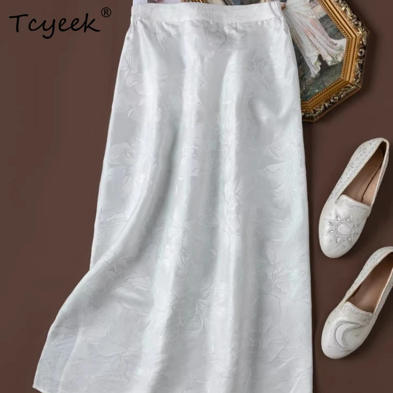

Tcyeek 100% Real Silk Women Long Skirts 2026 Summer New Arrive Elastic Waist Luxurious Skirt Ladies Clothing Faldones Para Mujer