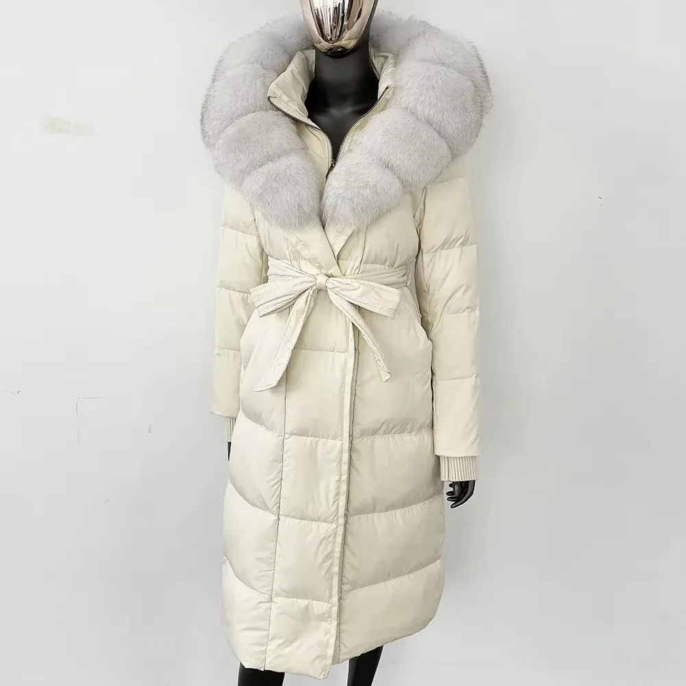 2024 Nuovo Inverno Caldo Bianco Piumino D'oca Delle Donne Lungo Con Cappuccio Piumino Donne Reale Cappotto di Pelliccia di Volpe Cappotto di Pelliccia Naturale Femminile