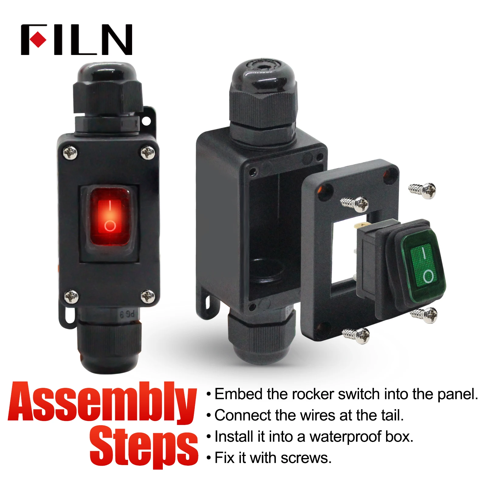 

FILN KCD1 Waterproof Junction Box with Illuminated Rokcer Switch IP66 Outdoor/Marine Electrical Installations 12V 24V 110V 220V