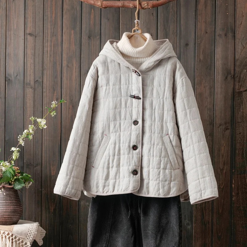 

Autumn Winter New Sle Large Size Cotton Linen Jaet Quilted Artistic Retro Button up Casual Loose Fit Thiened Long Sve