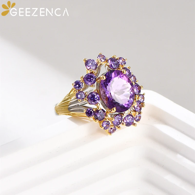 GEEZENCA 925 Sterling Silver Amethyst Malachite Crystal Cocktail Rings For Women Clearance Limited Stock First Come First Get