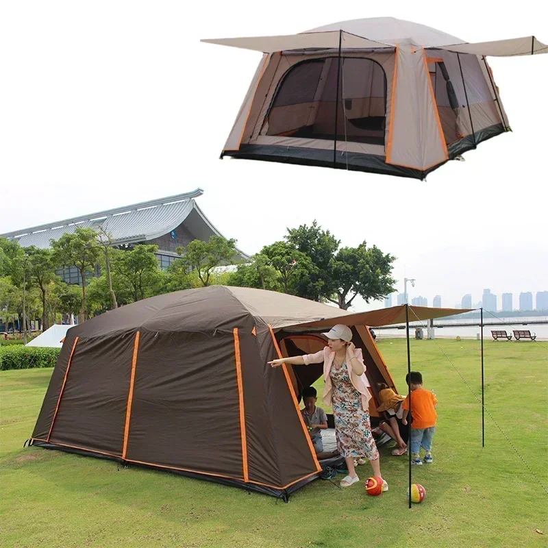 Camping 2 Rooms Large Family Tent Full Coverage 3-12 Person Tents Double Layers Oversize Rainproof Outdoor Tent Waterproof