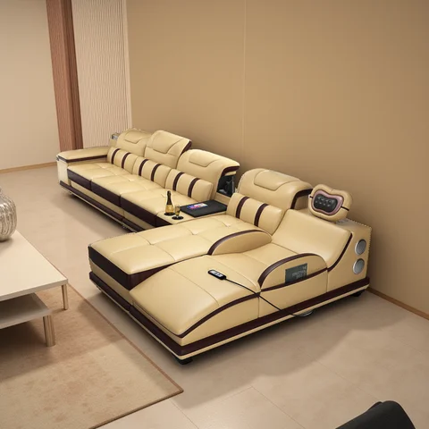 MANBAS Sofá seccional italiano de cuero genuino con Bluetooth, altavoz, reposacabezas funcional, chaise de masaje, sofás esquineros en forma de L