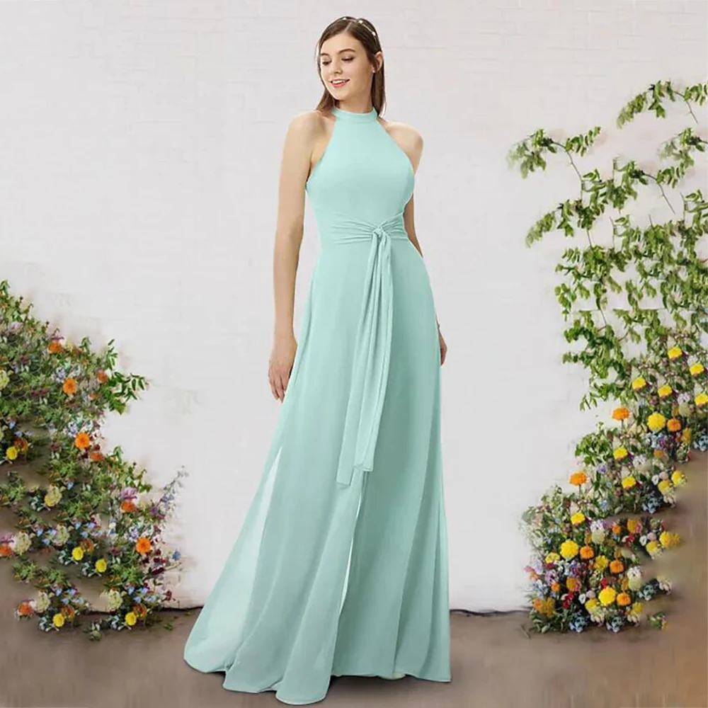 

UETEEY Jumpsuits Bridesmaid Dress High Neck Ruching Charming Sleeveless Chiffon Floor Length Wedding Party Gowns 2022