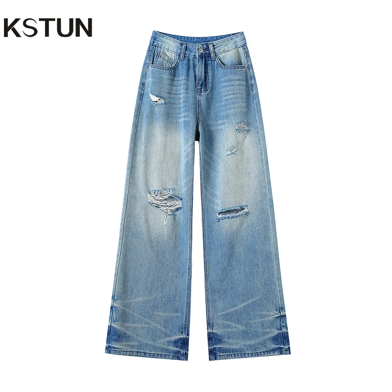 

KSTUN Distressed Jeans Women Wide Leg Pants High Waist Straight Ripped Baggy Pants Broken Holes Vintage Boyfriend Jeans Frayed