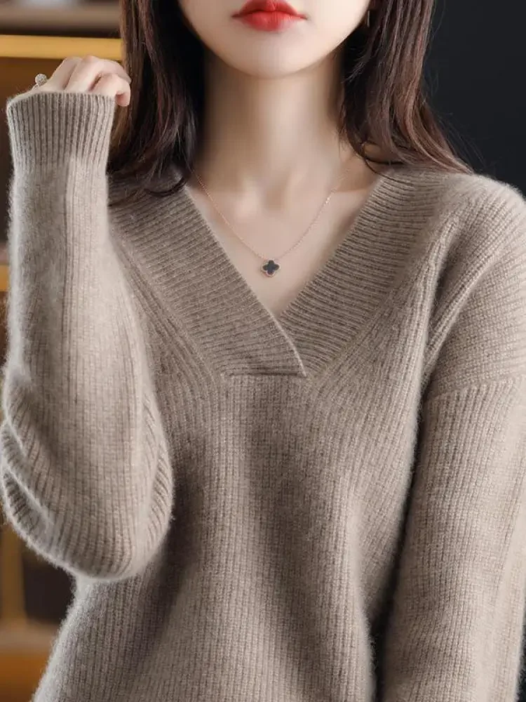 여성용 V넥 스웨터 풀오버, 한국 풀오버, 루즈한 두꺼운 캐시미어 스웨터, 오버사이즈 스웨터 점퍼, 가을, 겨울