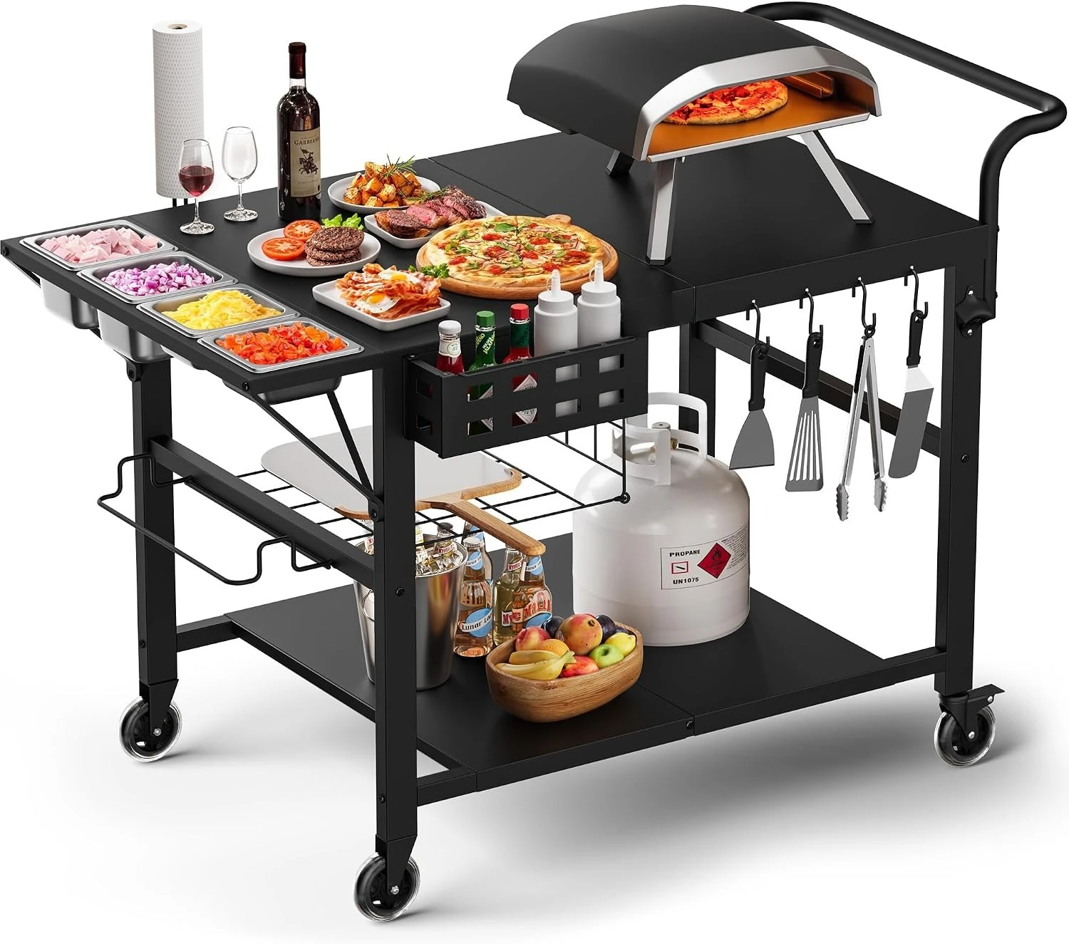 Pizza Oven Table Stand, Outdoor Grill Cart Workstation, Backyard Patio BBQ Food Prep Station With Seasoning Tray, Heavy Duty Mobile Utility Island, Modern Style, Black, 1 Piece