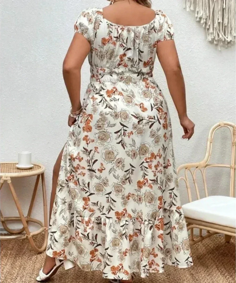 Plus Size Women 1XL-5XL Odpowiedni na zewnątrz Kwiatowa długa sukienka imprezowa Moda damska Luźna letnia sukienka z nadrukiem