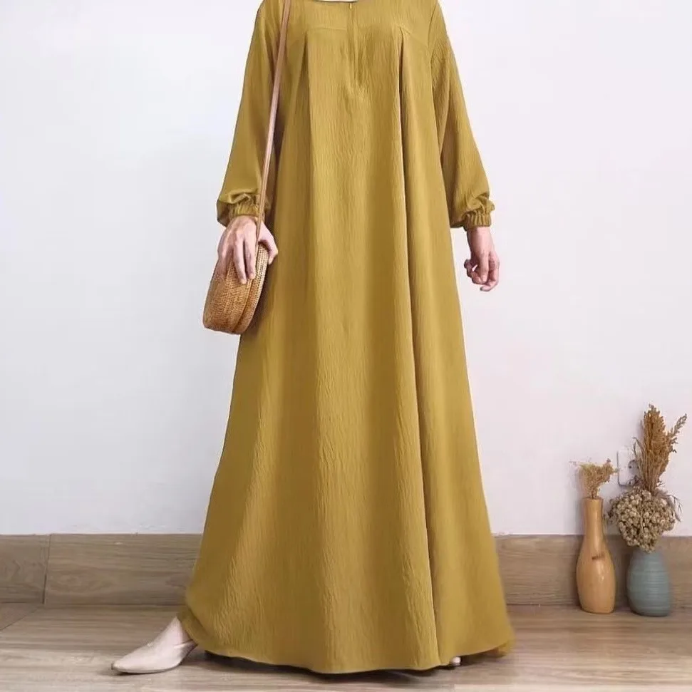 New Arrival Middle Eastern Muslim Women's Solid Color Puffed Sleeve Abaya - Round Neck, Front Placket Zipper, Elastic Cuffs