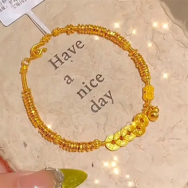 Ethnic Style Antique Craft Five Emperor Coins Golden Gourd Coiled Hand Braided Lucky Charm Premium New Arrival Bracelet forWomen