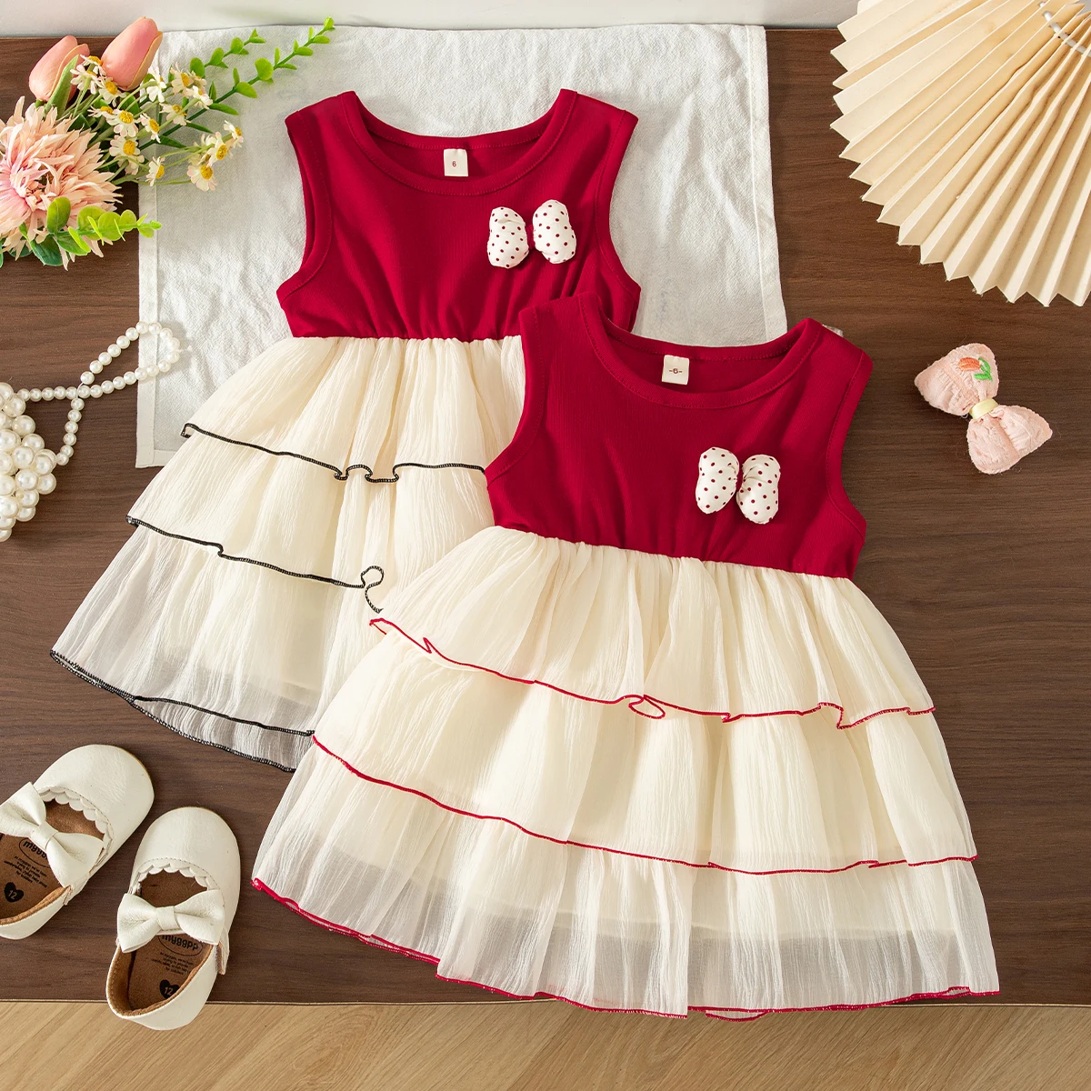Baby Dresses Summer Cotton Bow Multi Layer Mesh Sleeveless Baby Girl Dress Cartoon Cute Casual Girl Clothing