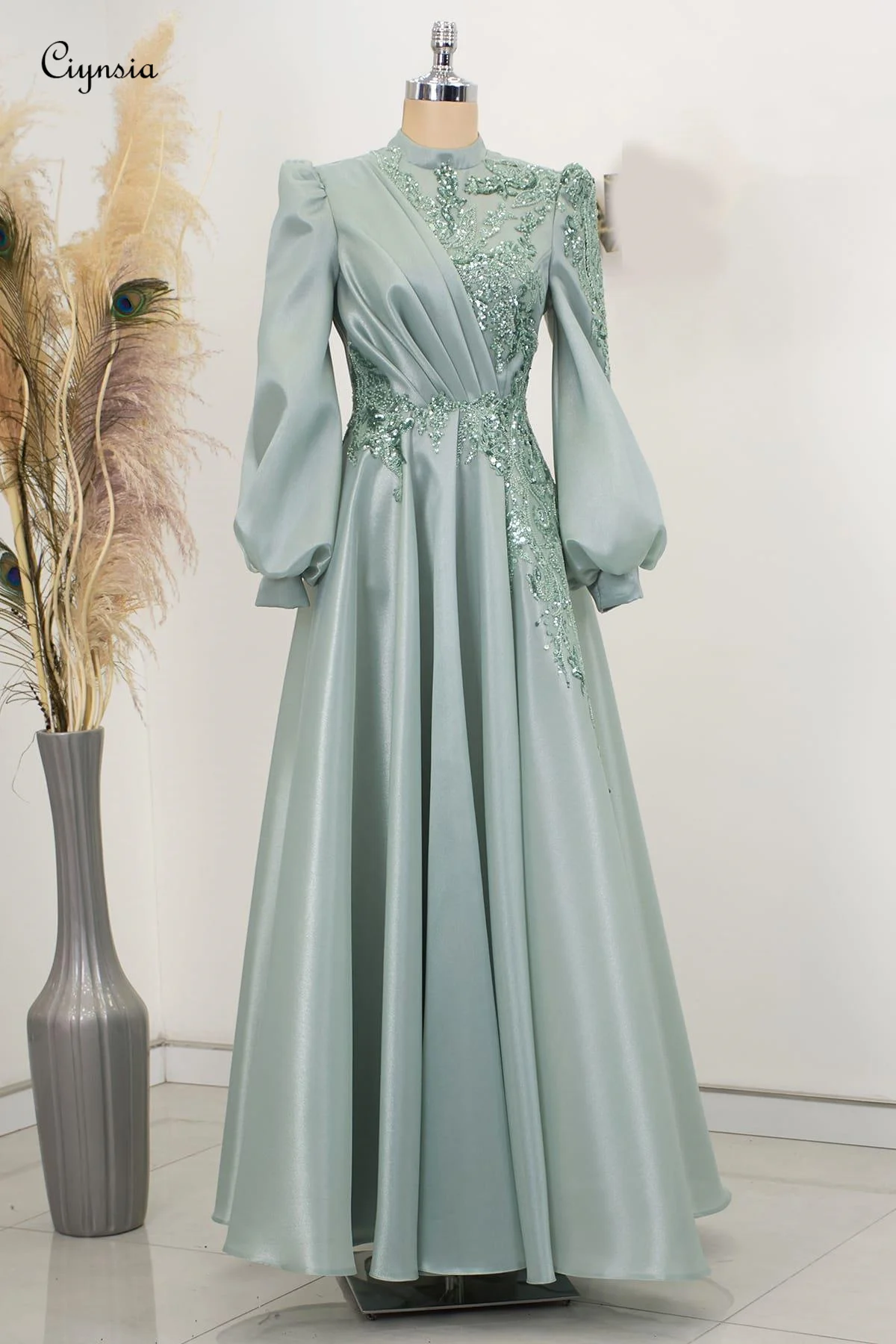 

Customized Mint Muslim Evening Dress Full Sleeves A-Line Organza Sequin Beads Lace Wwomen's Formal Evening Gowns Customized