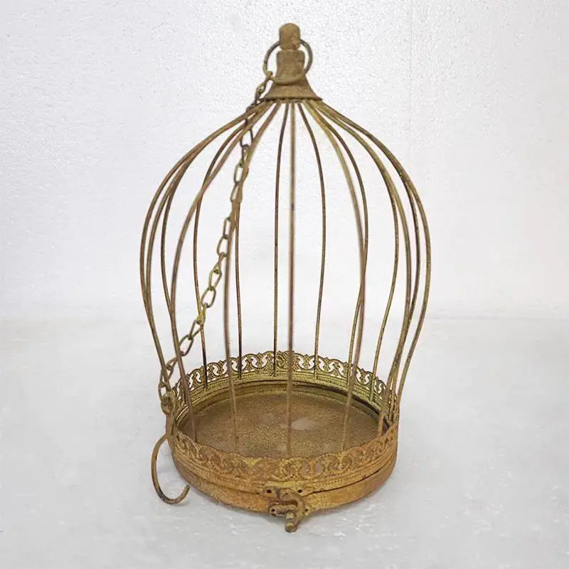 Retro Iron Bird Cage Style Hanging Pots Chains with Antique Box Lock Light Yellow Garden Decoration