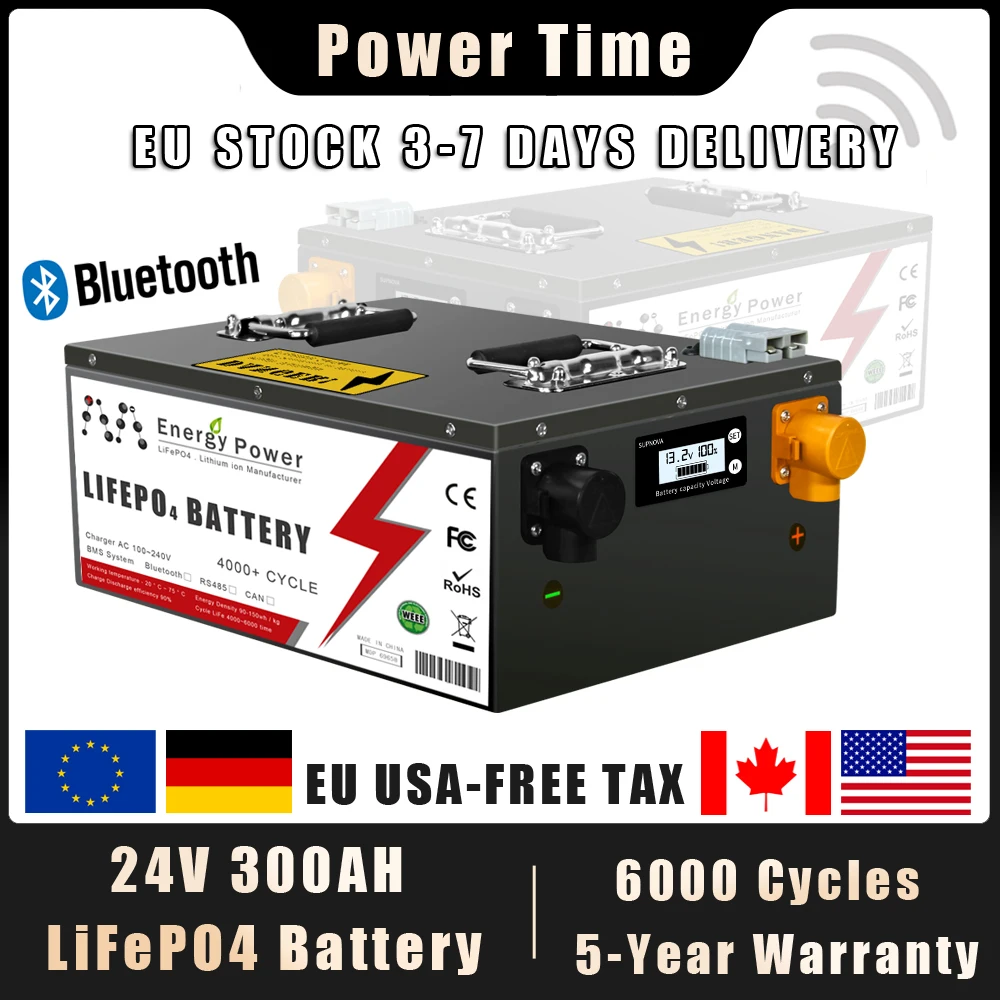 

New 24V 100Ah 200Ah 300Ah LiFePo4 Battery Pack Built-in Bluetooth BMS 25.2V Lithium Iron Phosphate Battery For Solar Boat no Tax