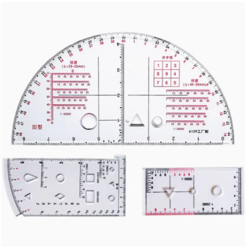 Command ruler, longitude and latitude semicircular ruler, topographic operation ruler, geographical coordinate ruler 1:50,000