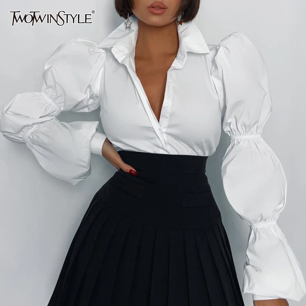 

TWOTWINSTYLE Cotton White Color Designer Shirt for Women Lapel Puff Sleeve Temperament Office Lady Short Shirts Female Clothing