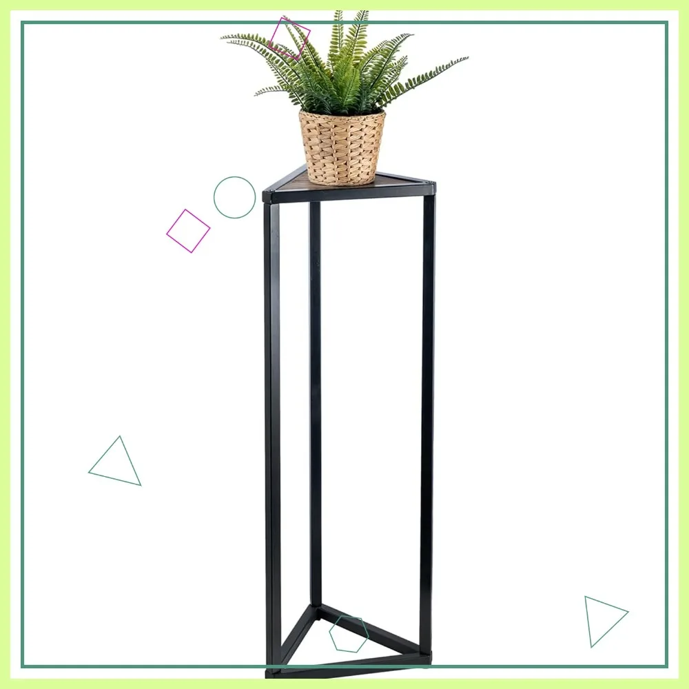 

Modern Triangular Corner Plant Stand, 36 Inch Tall Indoor Torched Wood and Black Metal Frame Pot Holder