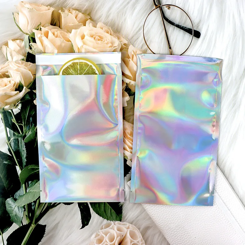 100Pcs Laser Film Packaging Pouch Self-adhesive Courier Bags Holographic Envelope Mailer Postal Shipping Bag